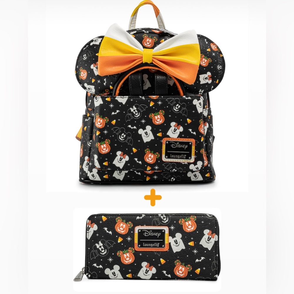 Loungefly Spooky Mickey & Minnie Mouse Candy Corn Mini Backpack, ears, & wallet